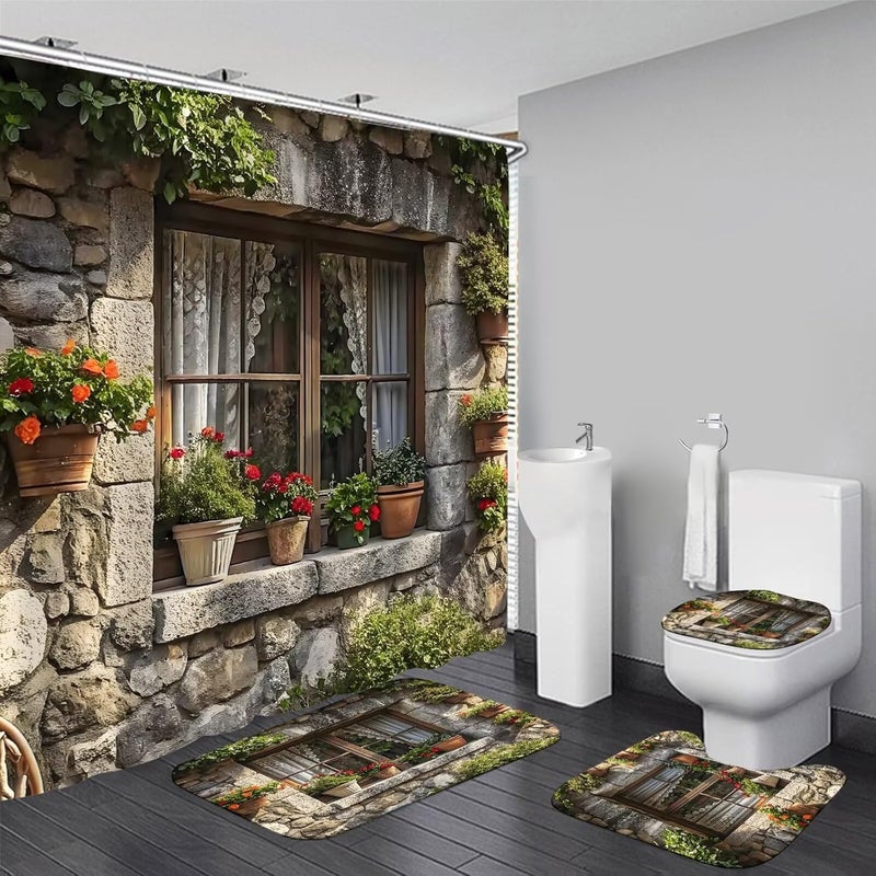DDQQ 4PCS Spring Landscape Shower Curtain Bathroom Set with Rugs, Toilet Lid Cover and Bath Mat, Windowsill Floral Shower Curtain with 12 Hooks, Complete Bathroom Accessories Decor Set - Image 1